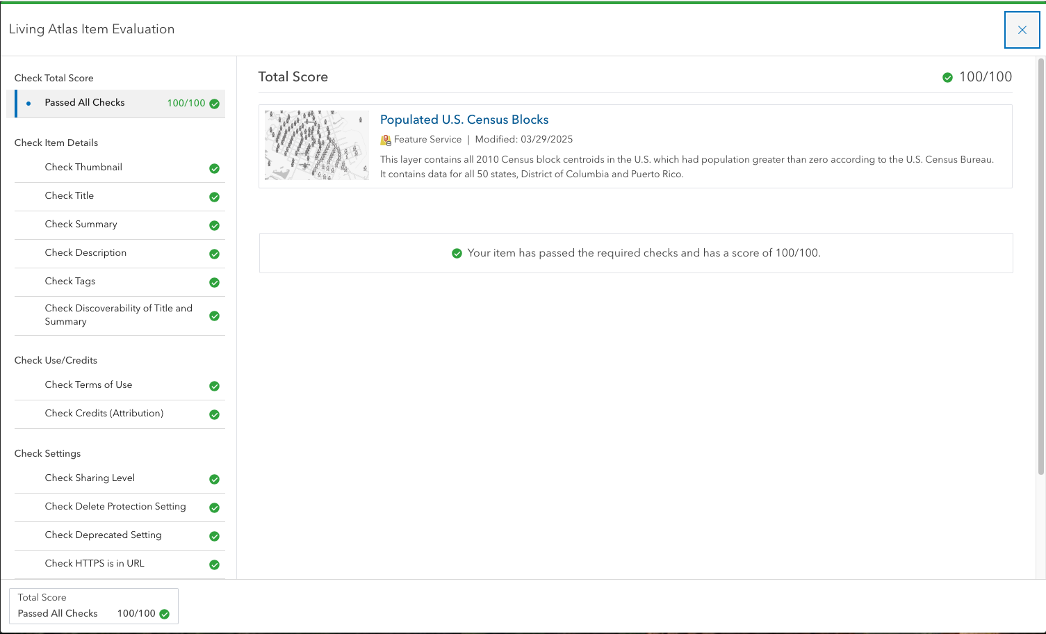 A second, different example item in the "Evaluate & Nominate" app shows it has reached the maximum score.